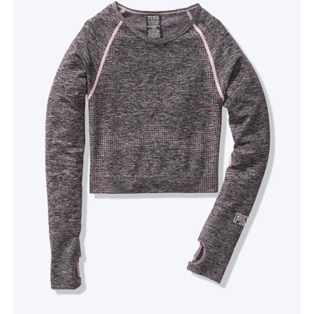 PINK Victoria's Secret Heathered Gray Crop Long-Sleeve Top with Pink Accents